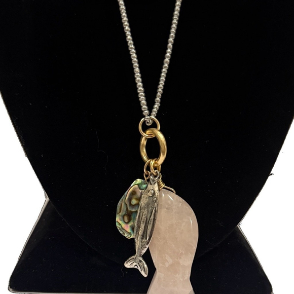 CHICO’S Convertible Two-Tone Abalone & Pink Quartz Fish Beaded Necklace Set-NWT - Picture 8 of 13